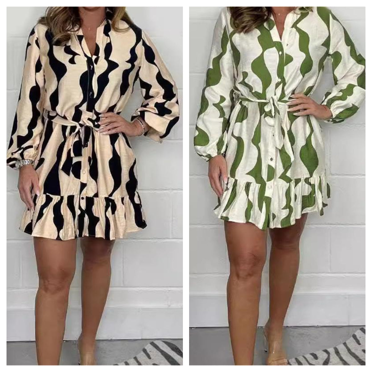 Casual Irregular Stripe Lapel Tie Waist Shirt Dress For Women