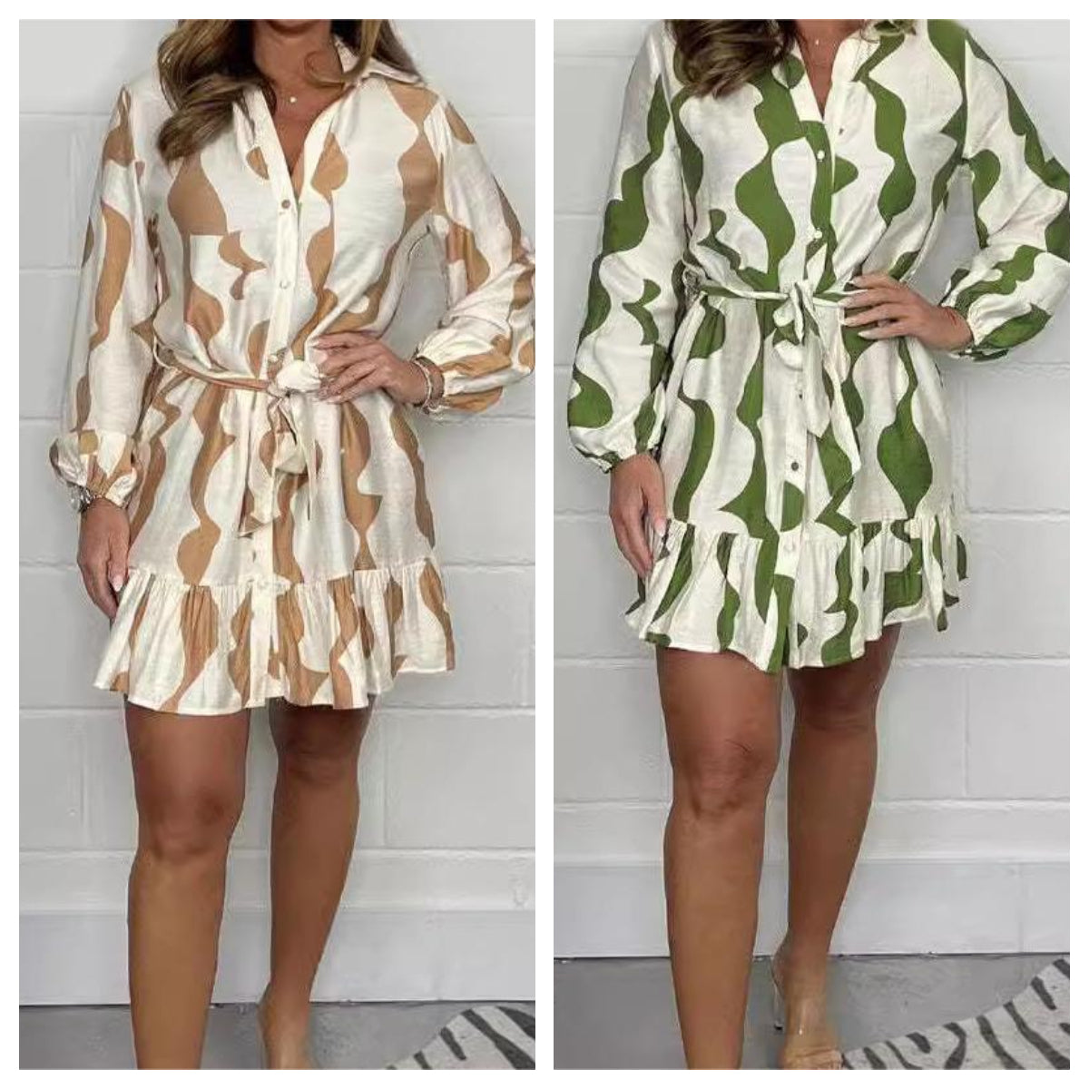 Casual Irregular Stripe Lapel Tie Waist Shirt Dress For Women