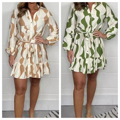 Casual Irregular Stripe Lapel Tie Waist Shirt Dress For Women