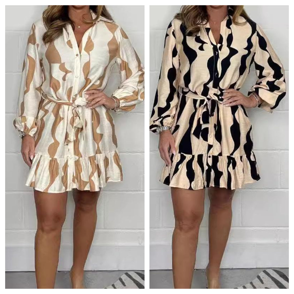 Casual Irregular Stripe Lapel Tie Waist Shirt Dress For Women