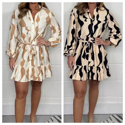Casual Irregular Stripe Lapel Tie Waist Shirt Dress For Women
