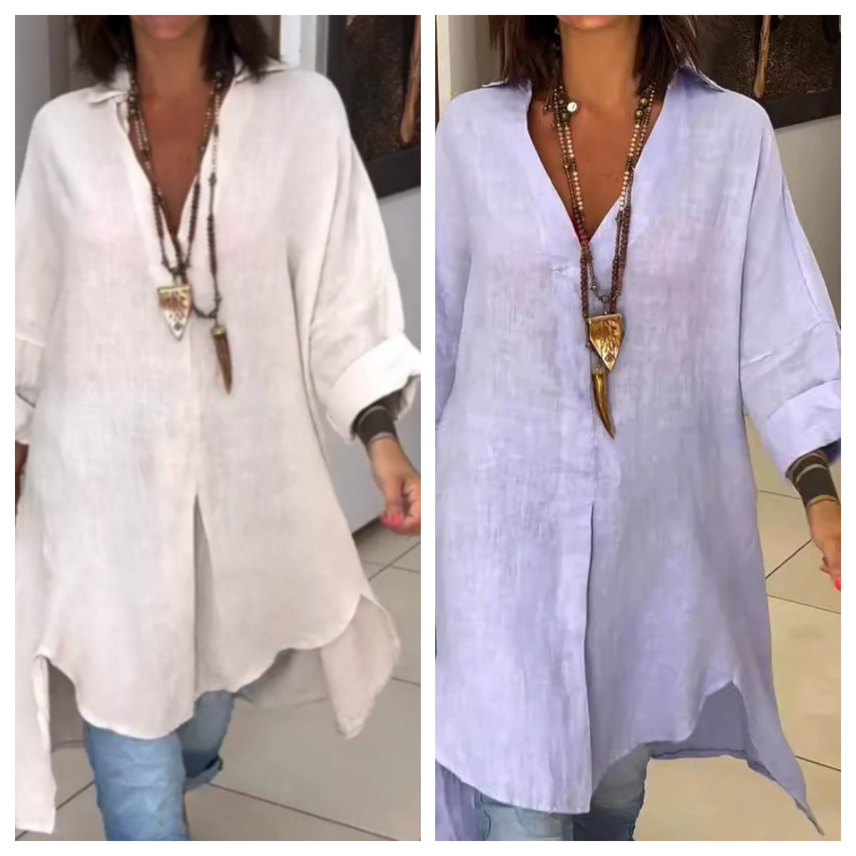 Summer Casual Cotton Linen V Neck Shirt Lightweight Breathable