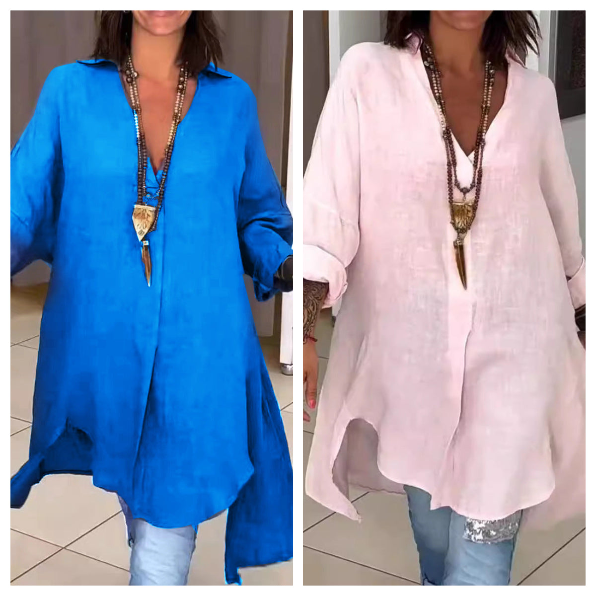 Summer Casual Cotton Linen V Neck Shirt Lightweight Breathable