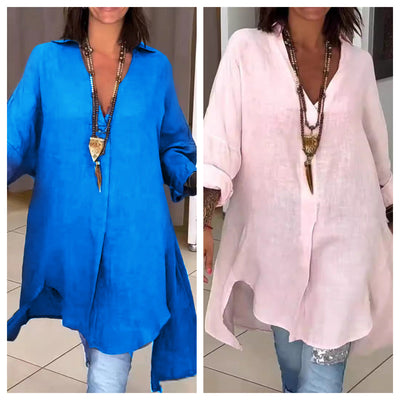 Summer Casual Cotton Linen V Neck Shirt Lightweight Breathable