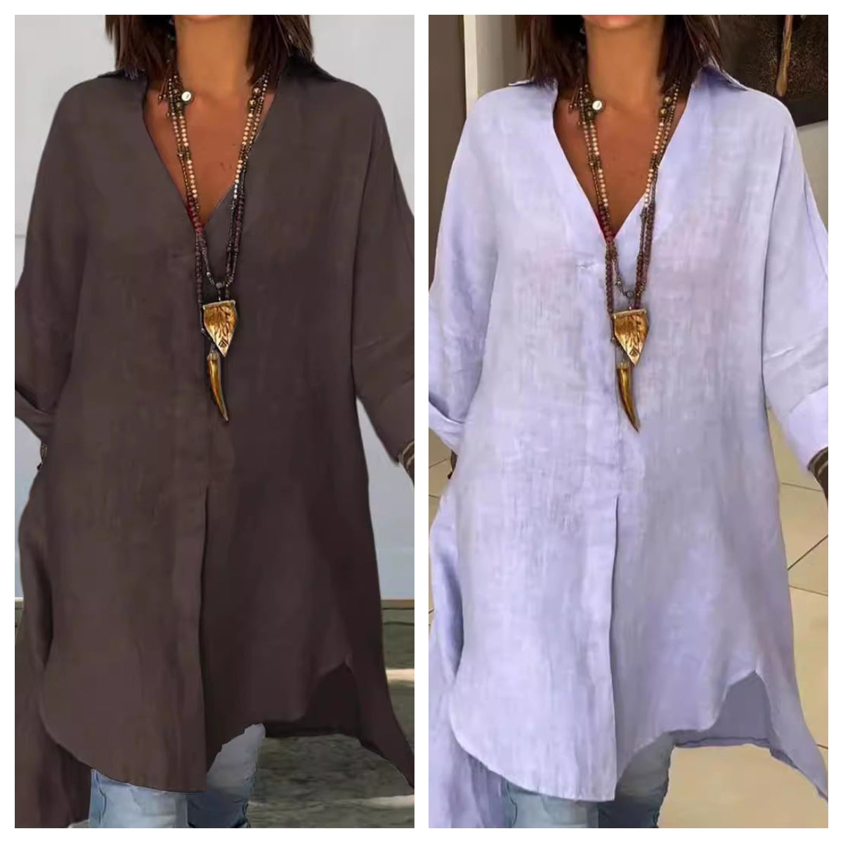 Summer Casual Cotton Linen V Neck Shirt Lightweight Breathable