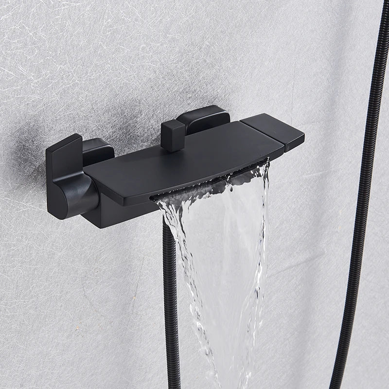 Matte Black Waterfall Bathtub Faucet Wall Mounted Set Modern