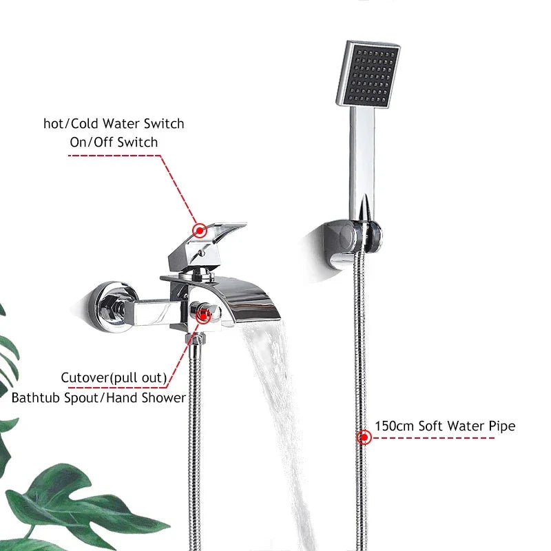 Chrome Plated Solid Brass Bathtub Faucet Set Waterfall Spout