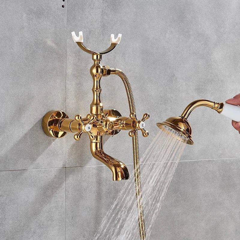 Antique Brass Bathtub Faucet Wall Mounted Dual Handle Tub Sink