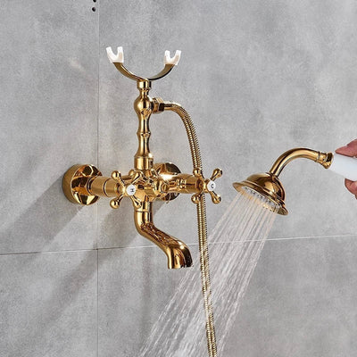 Antique Brass Bathtub Faucet Wall Mounted Dual Handle Tub Sink