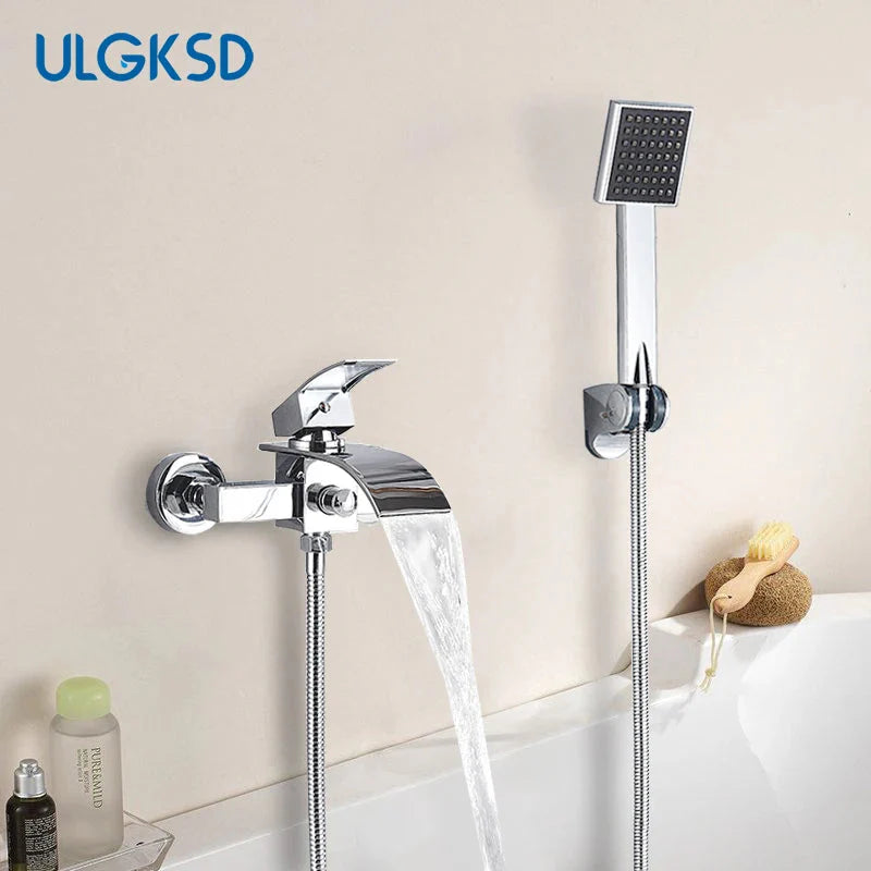 Chrome Plated Solid Brass Bathtub Faucet Set Waterfall Spout
