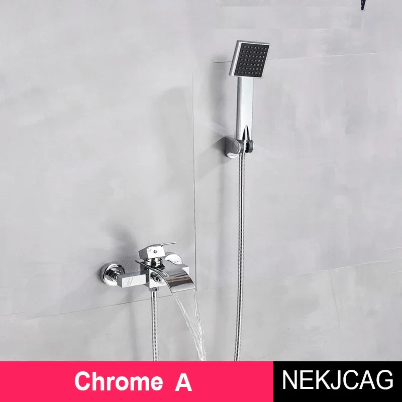 Gold Bathtub Faucet Wall Mounted Waterfall Hot Cold Mixer