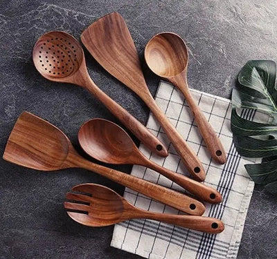 Teak Wooden Utensil Set 7-Piece Durable Kitchen Tools Collection