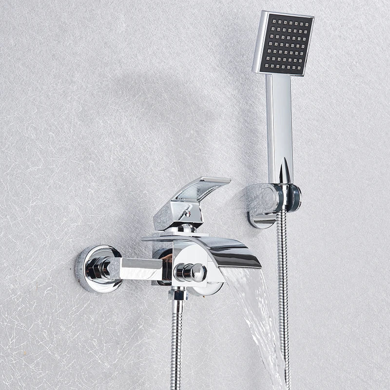 Gold Bathtub Faucet Wall Mounted Waterfall Hot Cold Mixer