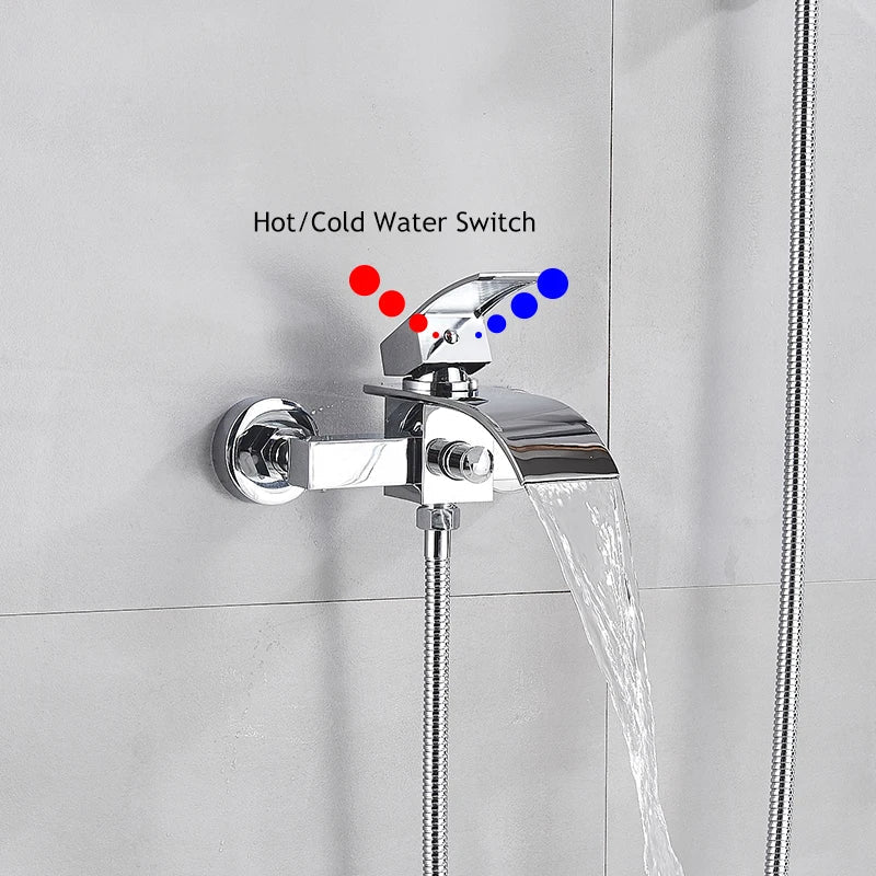 Chrome Plated Solid Brass Bathtub Faucet Set Waterfall Spout
