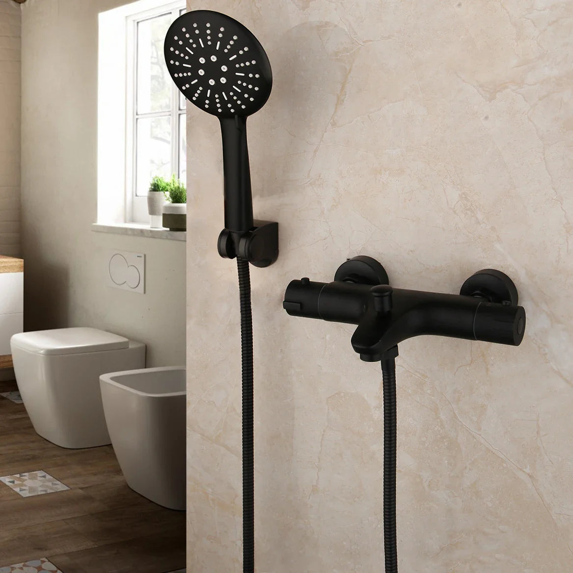 Monite Wall Mounted Thermostatic Mixer Shower Tap Matte Black