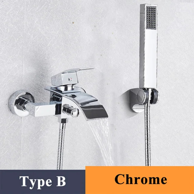 Chrome Plated Solid Brass Bathtub Faucet Set Waterfall Spout