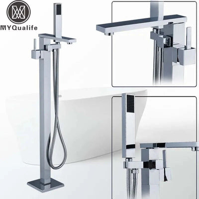 Bright Chrome Floor Mounted Bathtub Faucet With Single Handle Shower Set
