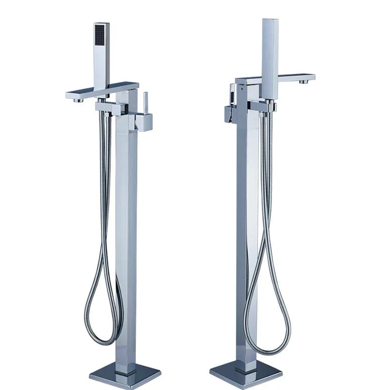 Bright Chrome Floor Mounted Bathtub Faucet With Single Handle Shower Set