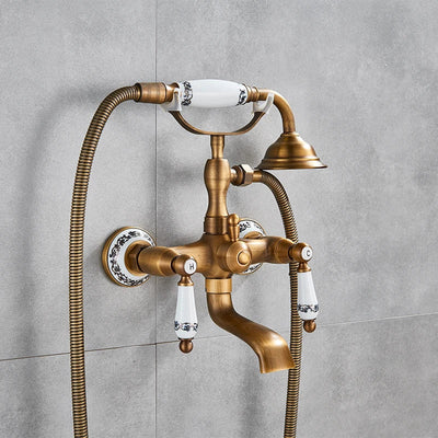 Antique Brass Bathtub Faucet Wall Mounted Dual Handle Tub Sink