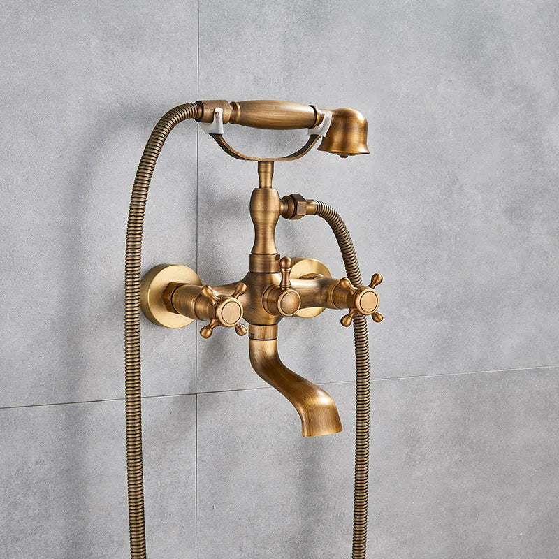 Antique Brass Bathtub Faucet Wall Mounted Dual Handle Tub Sink
