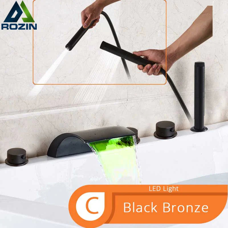 Bronze Waterfall Bathtub Faucet With LED Light Shower Mixer
