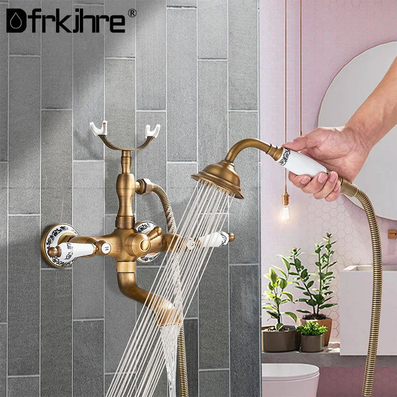 Antique Brass Bathtub Faucet Wall Mounted Dual Handle Tub Sink