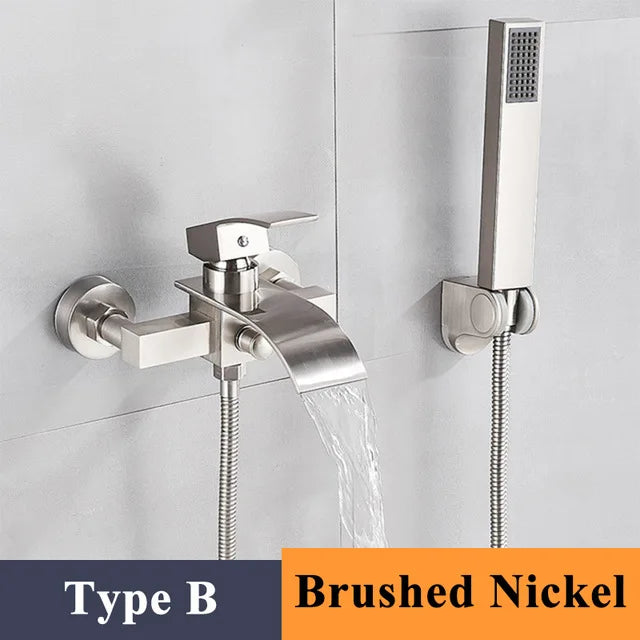 Chrome Plated Solid Brass Bathtub Faucet Set Waterfall Spout