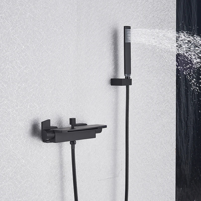 Matte Black Waterfall Bathtub Faucet Wall Mounted Set Modern