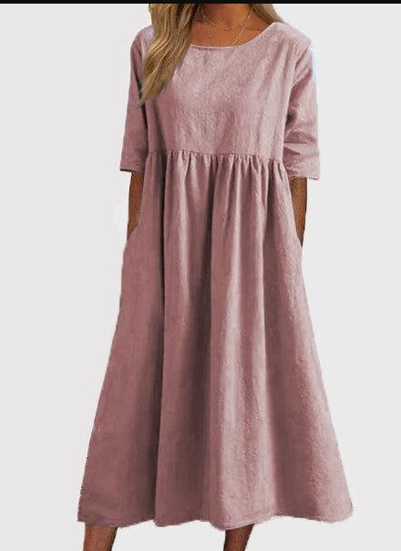 Women's Casual Cotton Dress Smocked Pocket Crew Neck Outdoor