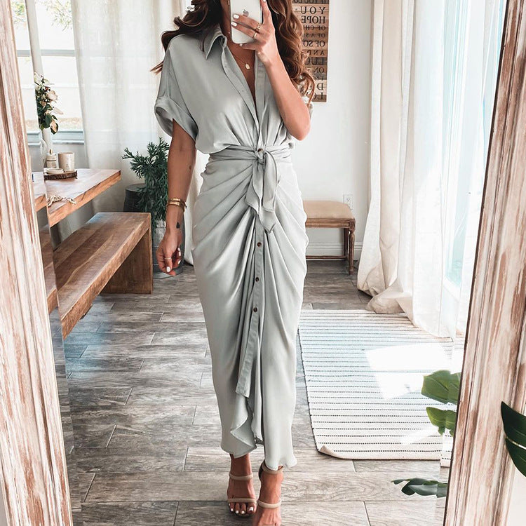Women Satin Shirt Dress With Button Detail Elegant Design