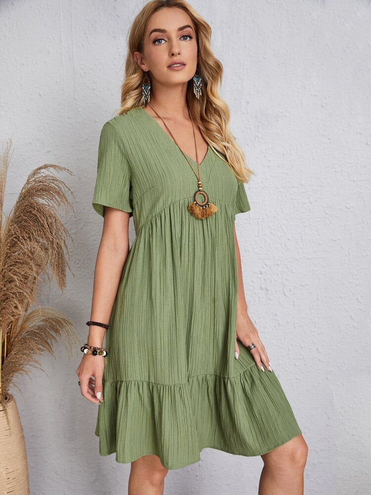 Retro Casual Dress V Neck Loose Fit Comfortable Summer Wear