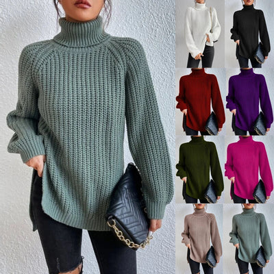 Cotton Turtleneck Sweater With Raglan Sleeves And Split Hem