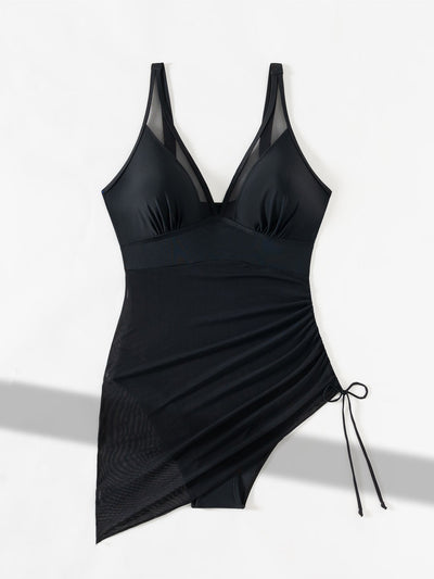 Slimming One-Piece Swimsuit Tummy Control Mesh Sheer Sarong Wrap