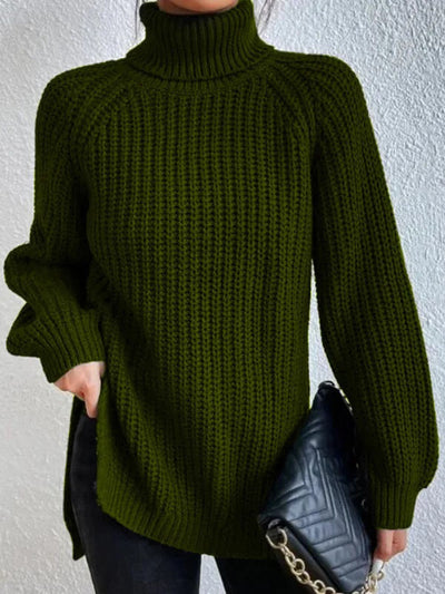 Cotton Turtleneck Sweater With Raglan Sleeves And Split Hem