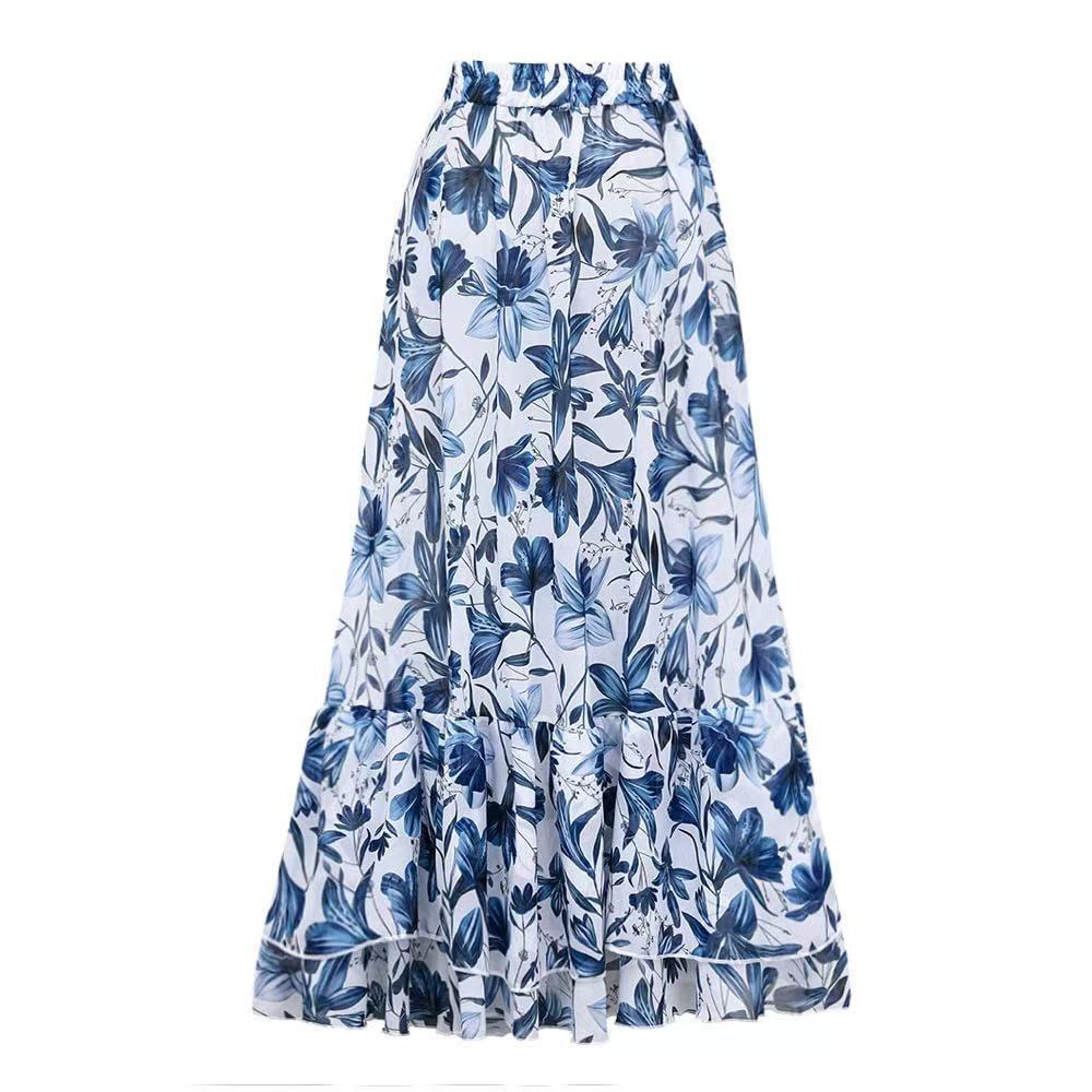 V Neck Lace Up Printed One Piece Swimsuit With Skirt