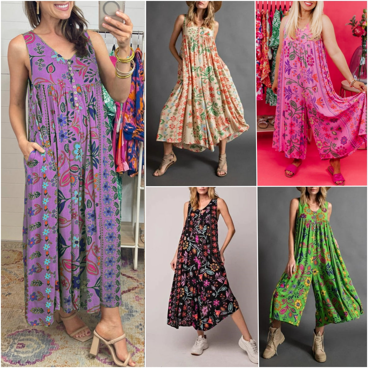 Vintage Sleeveless Jumpsuit Loose Fit Floral Print Summer Outfit
