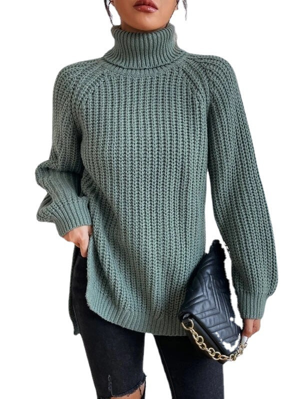 Cotton Turtleneck Sweater With Raglan Sleeves And Split Hem