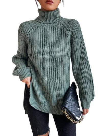 Cotton Turtleneck Sweater With Raglan Sleeves And Split Hem