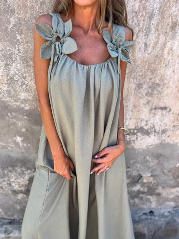 Floral Straps U Neckline Solid Women's Summer Dresses