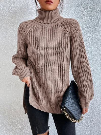 Cotton Turtleneck Sweater With Raglan Sleeves And Split Hem