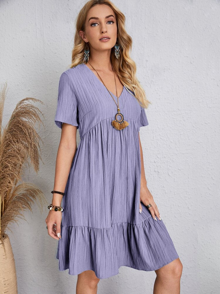 Retro Casual Dress V Neck Loose Fit Comfortable Summer Wear