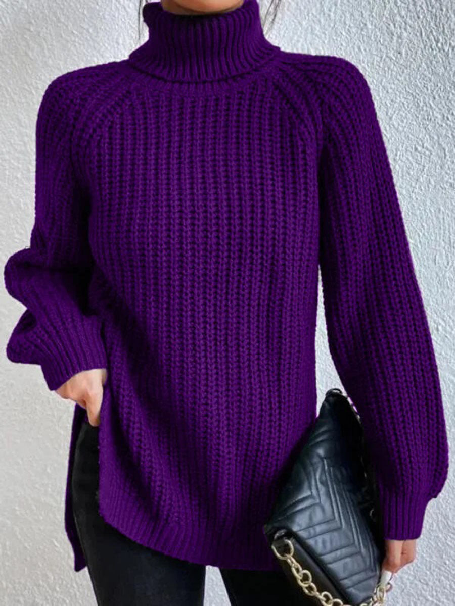 Cotton Turtleneck Sweater With Raglan Sleeves And Split Hem