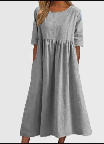 Women's Casual Cotton Dress Smocked Pocket Crew Neck Outdoor
