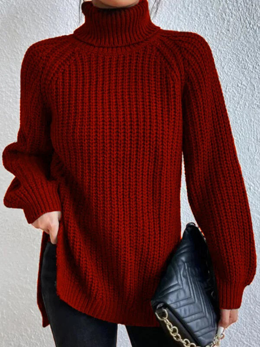 Cotton Turtleneck Sweater With Raglan Sleeves And Split Hem
