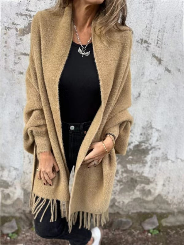 Women's Knitted Shawl Long Sleeve Casual Tassel Coat Wrap