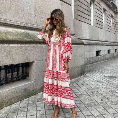 Women's Boho Maxi Dress Elegant Puff Sleeve Floral Design