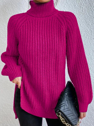 Cotton Turtleneck Sweater With Raglan Sleeves And Split Hem