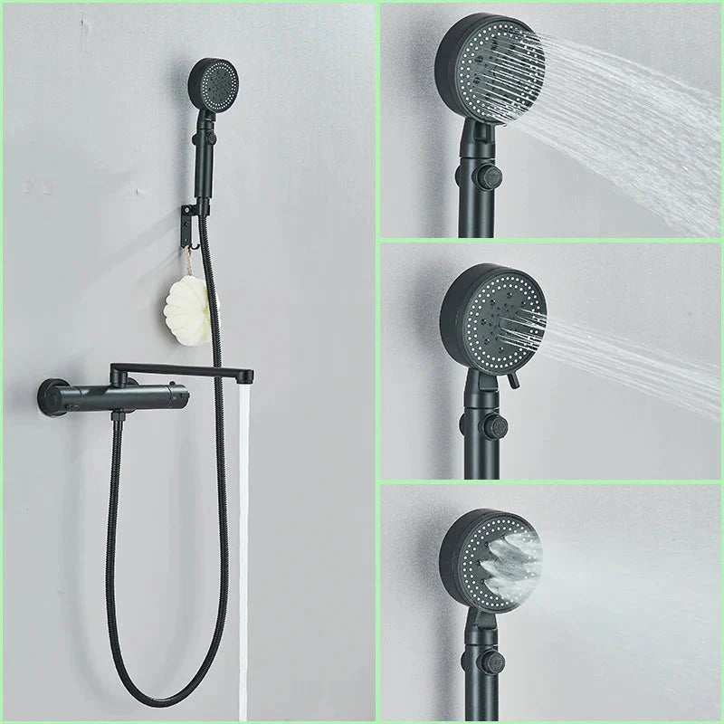 Thermostatic Bathtub Faucet Set Wall Mounted Black Chrome Shower Mixer