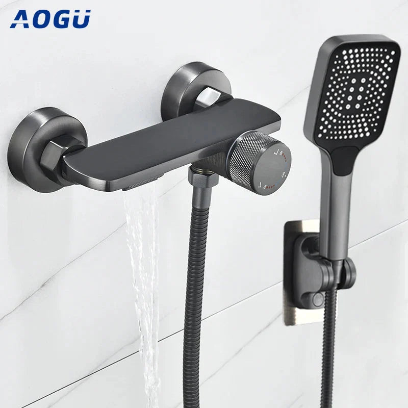 Gray Waterfall Bathtub Faucet Brass Chrome Wall Mount With Hand Shower