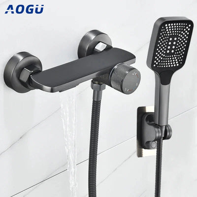 Gray Waterfall Bathtub Faucet Brass Chrome Wall Mount With Hand Shower